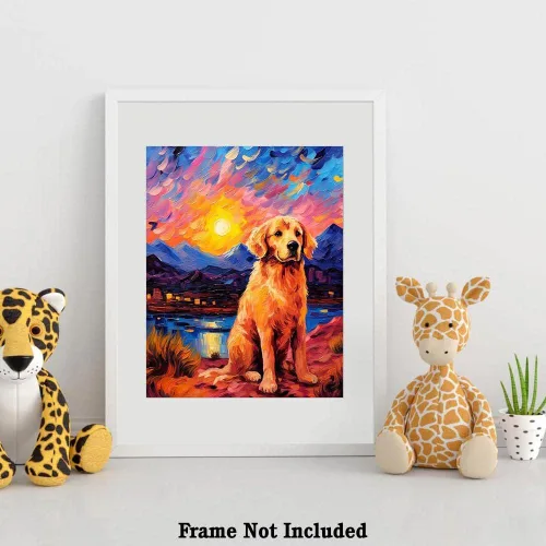 Vista 4 de Bestbuddy Pet 8 x 10 sin marco noche estrellada inspirada Golden Retriever perro senderismo leal amigo familia animal mascota familia pintura al