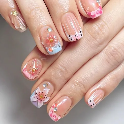 Vista 28 de 24 uñas postizas cortas a presión, color rosa RTKHFZE con diseño de mariposa blanca y diamantes de imitación, uñas postizas cuadradas de cobertura