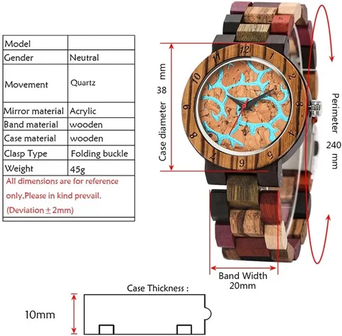 Vista 5 de Reloj de luz de madera para mujer, reloj analógico para mujer, correa de madera con cierre plegable, relojes de madera para mujer