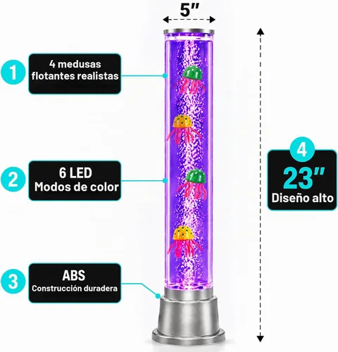 Vista 3 de Tubo de burbujas sensorial de lámpara de medusas, 6 LED que cambian de color, 1.9 pies Jellyfish