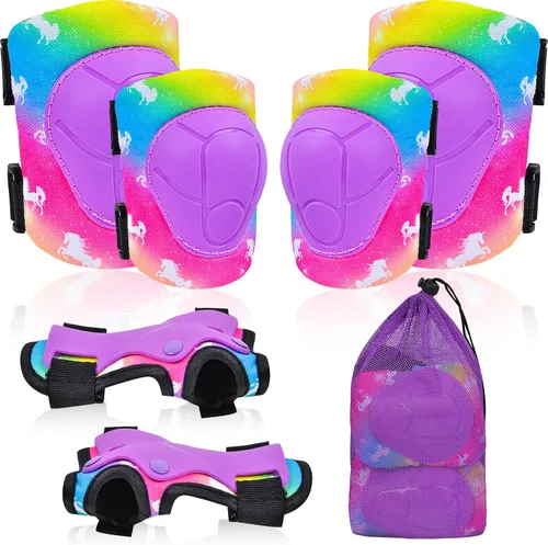 Vista 11 de Rodilleras para niños, juego de equipo de protección ajustable con bolsa de malla, rodilleras y coderas, protector de muñeca para niñas, patines