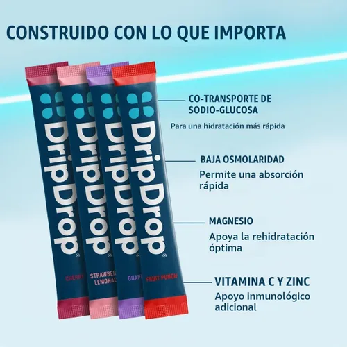 Vista 4 de DripDrop ORS Hydration - Paquetes de electrolitos en polvo - uva, ponche de frutas, limonada de fresa, cereza, 32 unidades Grape, Fruit Punch