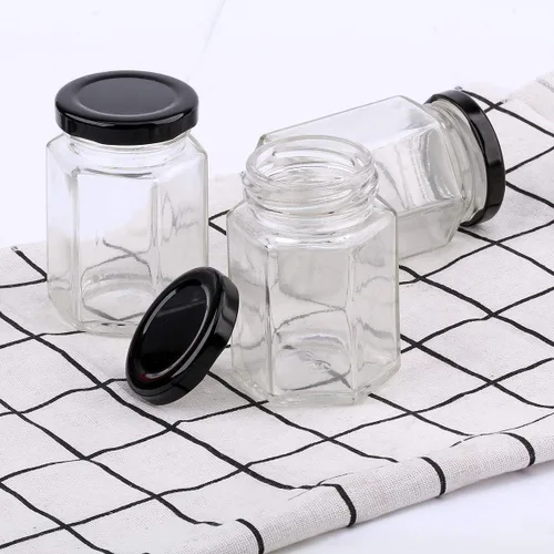 Vista 5 de Tarros hexagonales transparentes de 4 onzas, pequeños frascos de vidrio para miel con tapas (negras), tarros Mason para hierbas, alimentos