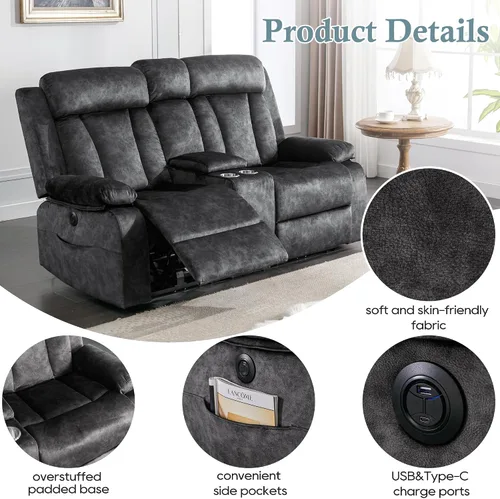 Vista 6 de GUEAPY Sofá reclinable de dos plazas - Sofá reclinable de dos plazas con consola, sofá reclinable doble con calor y masaje, sofá reclinable Gris