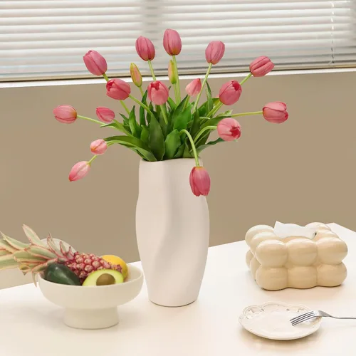 Vista 6 de Flores artificiales, 20 piezas tulipanes falsos de tacto real, tulipanes de látex sintético con caja de regalo, ramos de tulipanes sintéticos