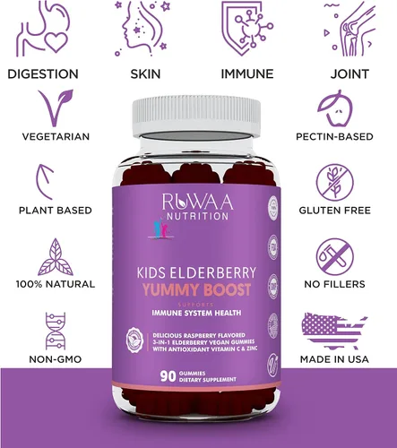 Vista 4 de RUWAA NUTRITION Vitaminas, gomitas de saúco, suplementos de zinc y vitamina C: vitaminas de apoyo inmunológico, hueso, cerebro, pulmón, piel