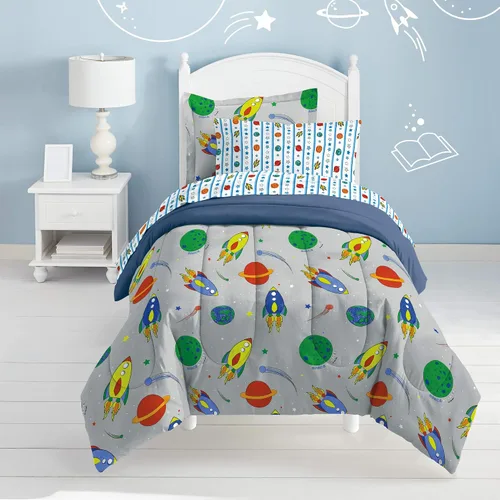 Vista 92 de Dream Factory Dinosaur Blocks - Juego de edredón de microfibra ultrasuave para niños, color azul, tamaño individual Bloques de dinosaurios azules