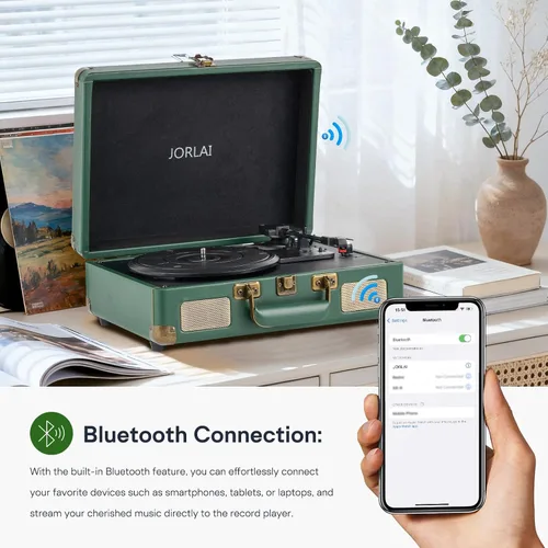Vista 3 de Tocadiscos portátil con conexión Bluetooth, reproducción USB y batería recargable incorporada, tocadiscos de 3 velocidades, diseño de maleta