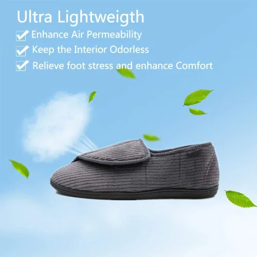 Vista 4 de Pantuflas diabéticas para hombre, extra anchas, espuma viscoelástica, cómodas, con cierre ajustable para pies hinchados, edema, artritis, ancianos