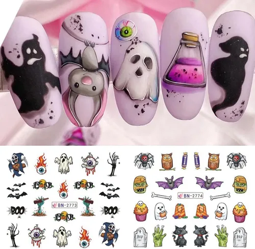 Vista 7 de Calcomanías de arte de uñas de Halloween, calcomanías de transferencia de agua, calcomanías de uñas de Halloween, calcomanías de dibujos animados