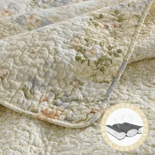 Vista 4 de Colcha extragrande de 100 % algodón, 120 x 120, estampado floral beige