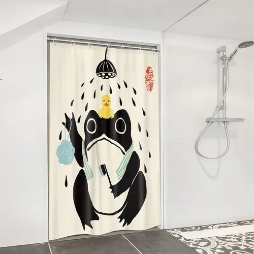 Vista 4 de Juego Divertido de Cortina de Rana Retro para Ducha, Juego de Baño 48x71 Pulgadas, Estilo Asiático Lindo, Arte Japonés Tradicional de Pato de Goma