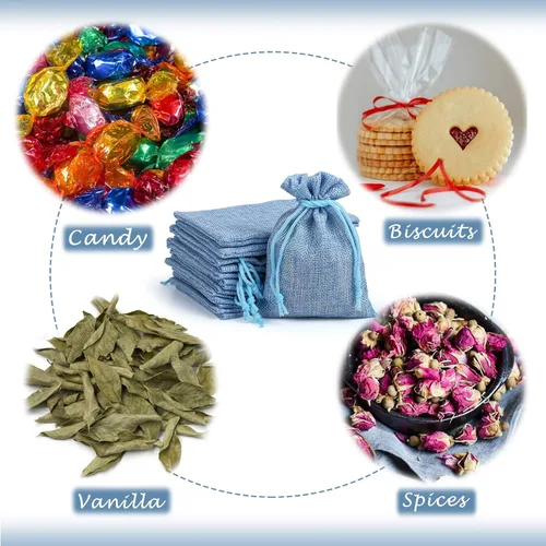 Vista 5 de Naler 24 bolsas de arpillera de 3.9 x 5.5 pulgadas con cordones, bolsas de regalo de lino, bolsas de joyería para bodas, recuerdos de fiesta, Azul
