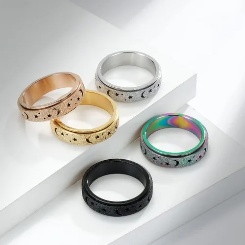 Vista 4 de Anillo giratorio de acero inoxidable luminoso resplandor luna y estrella, alivio del estrés, anillos de ansiedad para mujeres, hombres, niños