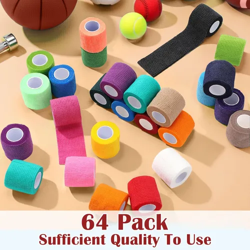 Vista 6 de Treela - Paquete de 64 vendajes autoadhesivos de 2 pulgadas x 5 yardas, colores surtidos Cohesive Flexible Wrap for Wrist Ankle Fingers