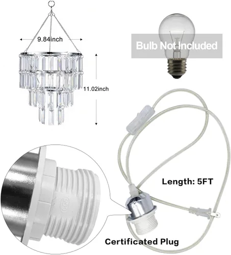 Vista 3 de Lámpara de Araña Moderna con Pantalla y Cable de Luz con Enchufe - Accesorio de Iluminación de Lámpara de Araña Cromada - Pantalla de Techo Colgante