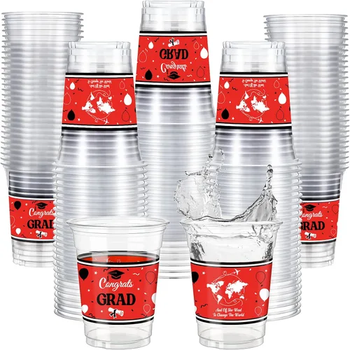 Vista 15 de Qinyoung 100 vasos de plástico con lazo rosa de 12 onzas, vasos desechables de coqueta, lazo rosa y corazón, vasos de plástico transparente