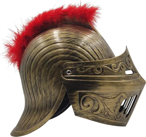 Vista 7 de LOOYAR Casco medieval de caballero soldado soldado con sombrero con pluma roja y máscara facial plegable para juego de batalla, Halloween, cosplay