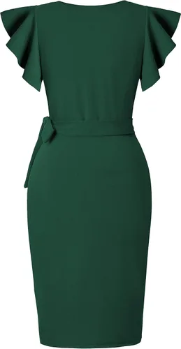 Vista 3 de oten - Vestido tubo cruzado de imitación para mujer, escote en V profundo, manga con volantes, estilo casual, para cóctel, fiesta, trabajo