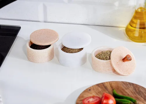 Vista 7 de Queenza Bodega de sal de mármol blanco con tapa, cuenco de sal de mármol hecho a mano de 3 pulgadas, contenedor de sal kosher, recipiente