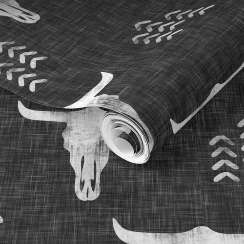 Vista 2 de Muestro de papel tapiz extraíble, diseño de calaveras del desierto, bohemio, inspirado en el suroeste, color gris y vaca, papel pintado prepegado
