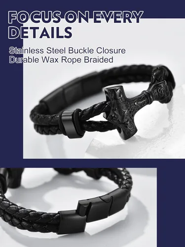 Vista 4 de Bandmax Pulsera trenzada de cuero negro para hombre con colgante gótico punk, pulsera de cuero con hebilla de acero inoxidable, paquete de regalo