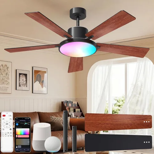 Vista 11 de CINOTON Ventiladores de techo inteligentes de 52" con luces y control Negro + Nogal