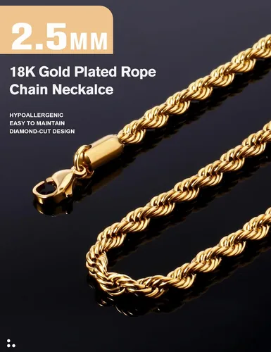 Vista 4 de AILPIWE Gold Rope Chain Choker Necklace for Women 2.5mm 3mm 4mm 18K Gold Plated Stainless Steel Rope Chain Necklace for Women Mens