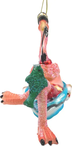 Vista 6 de Adorno de cristal para árbol de Navidad de flamenco de pesca, decoración náutica de playa rosa, accesorios para colgar, 5 x 2 x 4 pulgadas