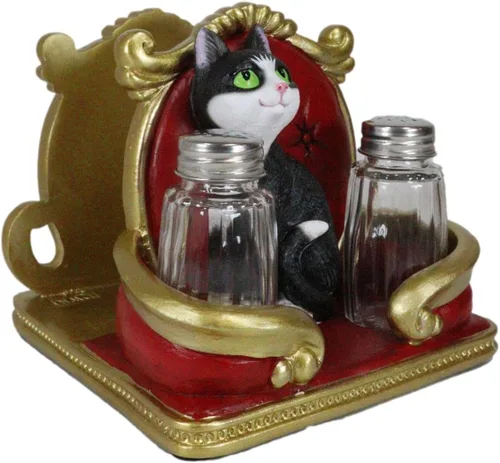 Vista 4 de Ebros Gift Royal Feline Service - Estatuilla decorativa para mesa de cocina con salero y pimentero, diseño de gato en rojo y dorado