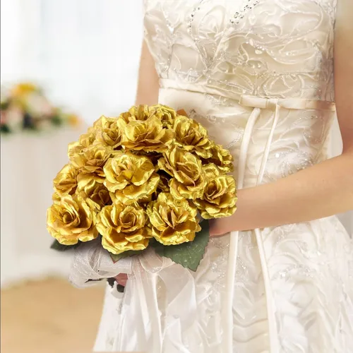 Vista 7 de Youeon 100 cabezas de rosas artificiales doradas de 3.5 pulgadas con tallos, cabezas de flores sintéticas de rosa de seda a granel para ramos
