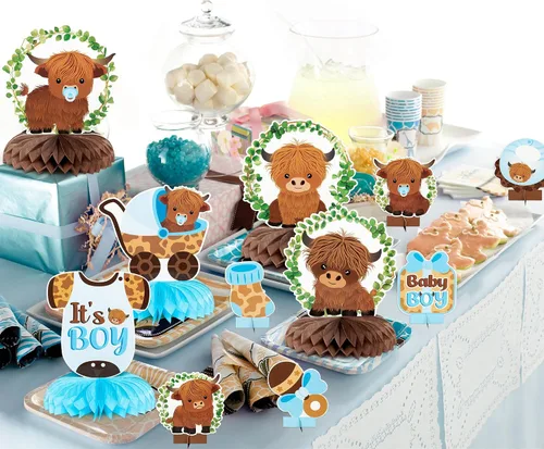 Vista 6 de 12 centros de mesa de nido de abeja de vaca de las tierras altas azules, decoración de mesa de ganado de las tierras altas, decoración de mesa