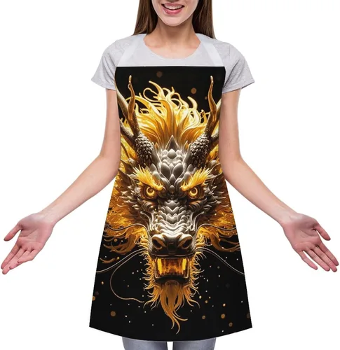 Vista 3 de MUSM Apron for Adults - 27.6 X 31.5 Inch, Heavy-Duty Polyester Aprons with Two Large Pockets, Waterproof Golden Dragon Head Kitchen Apron for