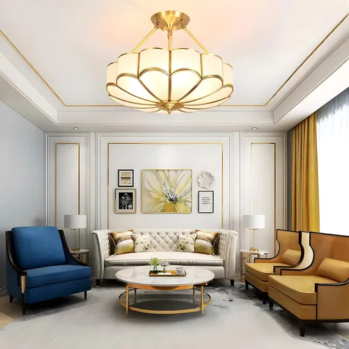 Vista 12 de Lámpara de techo de latón de 4 luces semiempotrada, candelabro dorado para comedor, lámpara de techo de vidrio esmerilado, luz empotrada moderna