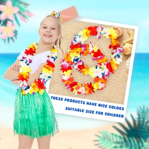 Vista 4 de Juego de 14 piezas de falda hawaiana de hierba hula con flores, pulsera de flores, clip para el cabello, traje hawaiano para fiesta de playa