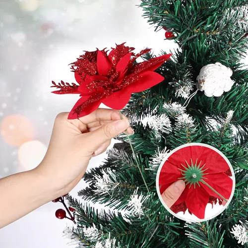 Vista 7 de Toyvian Flores de pascua artificiales con purpurina navideña, 12 adornos de flores para árbol de Navidad, decoración de fiesta de Navidad con 12 Rojo