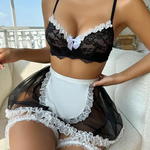 Vista 4 de Lencería sexy para mujer, juego de rol, traje de sirvienta, vestido de lencería de encaje, delantal de peluche Lolita, conjunto de traje de cosplay