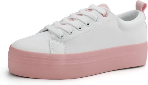 Vista 9 de JABASIC Zapatillas de plataforma con cordones para mujer, zapatillas casuales cómodas de moda para caminar Todo blanco