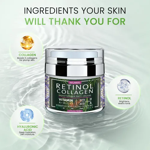 Vista 6 de Crema de retinol con colágeno y ácido hialurónico, hidratante facial para mujeres y hombres, reduce arrugas, líneas finas y sequedad, 1.7 onzas