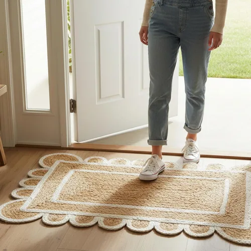 Vista 5 de Alfombra festoneada de yute natural, base natural con ribete blanco hueso, alfombra bohemia de granja hecha a mano con respaldo antideslizante