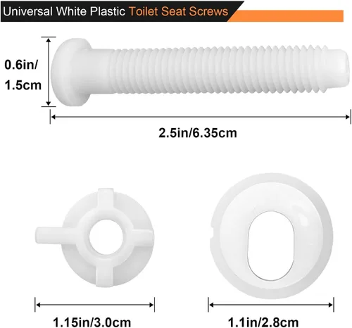 Vista 2 de Paquete de 2 tornillos universales de repuesto de plástico blanco para asiento de inodoro, bisagras de asiento de inodoro, pernos y tuercas
