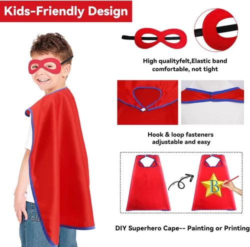 Vista 6 de DQZ Capas y máscaras de superhéroes para niños y niñas disfraces de Navidad de superhéroes como recuerdos de fiesta paquete de 16 rojo