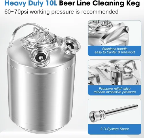 Vista 4 de Kit de limpieza Kegerator de 2.5 galones, kit de limpieza de línea de cerveza de acero inoxidable 304 con acoplador 2D, kit de limpieza de barril