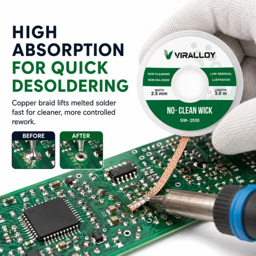 Vista 2 de Mecha de soldadura de 0.098 in x 10 pies – Mecha desoldadora de colofonia sin limpieza para electrónica, PCB y reparación de placas de circuito