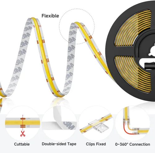Vista 5 de BTF-LIGHTING FCOB COB CCT 24V Kit flexible de alta densidad 640LED/m 16.4FT RF regulable controlador ajustable CT 3000K-6000K CRI 90+ tira LED
