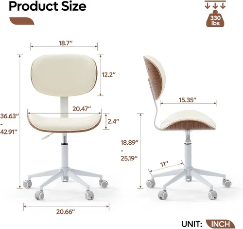 Vista 2 de Bestier Silla de oficina en casa con soporte de respaldo de madera curvada, silla de escritorio sin brazos con giro de 360°, silla de computadora
