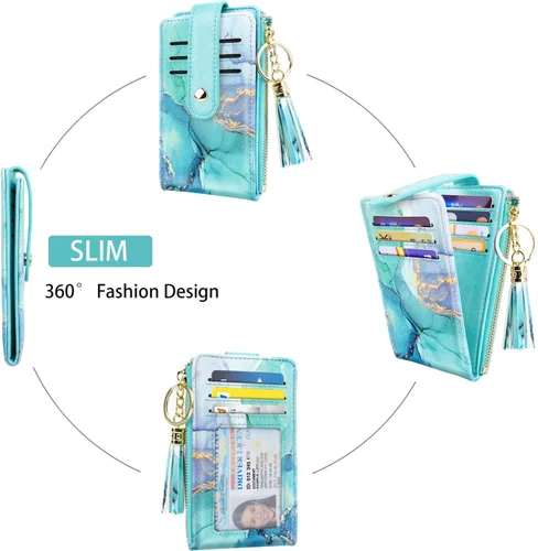 Vista 6 de Cartera delgada para mujer, con bloqueo RFID, de cuero, con múltiples tarjetas, con borla, bolsillo para monedas, Verde (Green Marble)