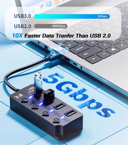 Vista 3 de Hub USB 3.0 con 4 puertos USB 3.0, extensor USB de alta velocidad de 5 Gbps con interruptor individual y luz indicadora LED, concentrador USB