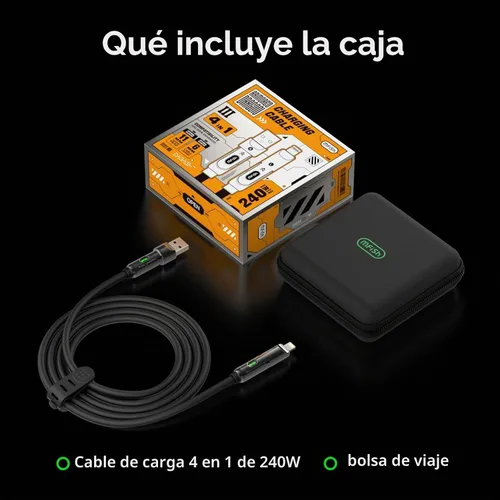 Vista 8 de MFish Cable de carga 4 en 1, cable de carga rápida máxima de 240W de 3.05 m con estuche de transporte, USB A/C de silicona a Lightning/C con luz