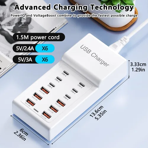 Vista 2 de Estación de carga USB, 12 puertos (6 USB + 6 USBC) Hub de cargador USB, tira de alimentación USBC múltiple de 50 W para iPhone, Samsung, tableta